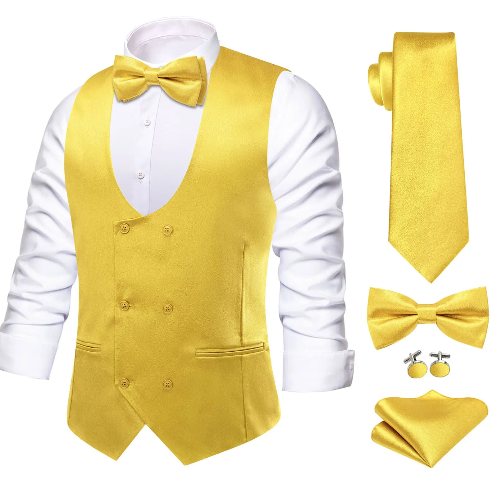 Ties2you Double Breasted Vest Jonquil Yellow Solid Mens Vest Tie Bowtie Set 5PC