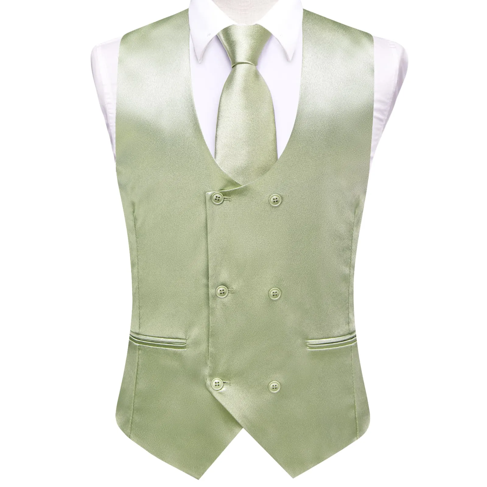 Ties2you Double Breasted Vest Laurel Green Solid Mens Silk Vest Tie Bowtie Set 5PC