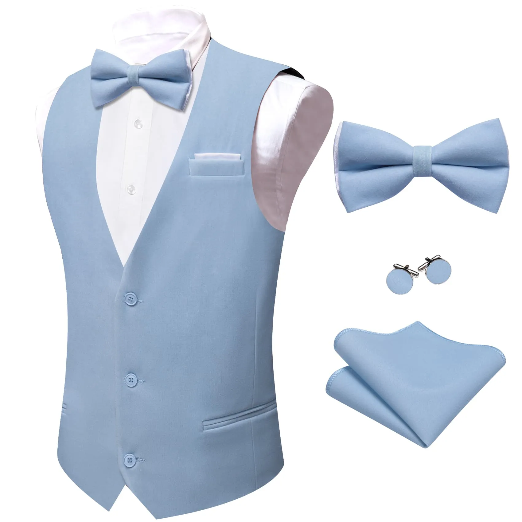 Ties2you Dress Vest Sky Blue Solid V-Neck Mens Waistcoat Suede Leather Vest Bow Tie Set