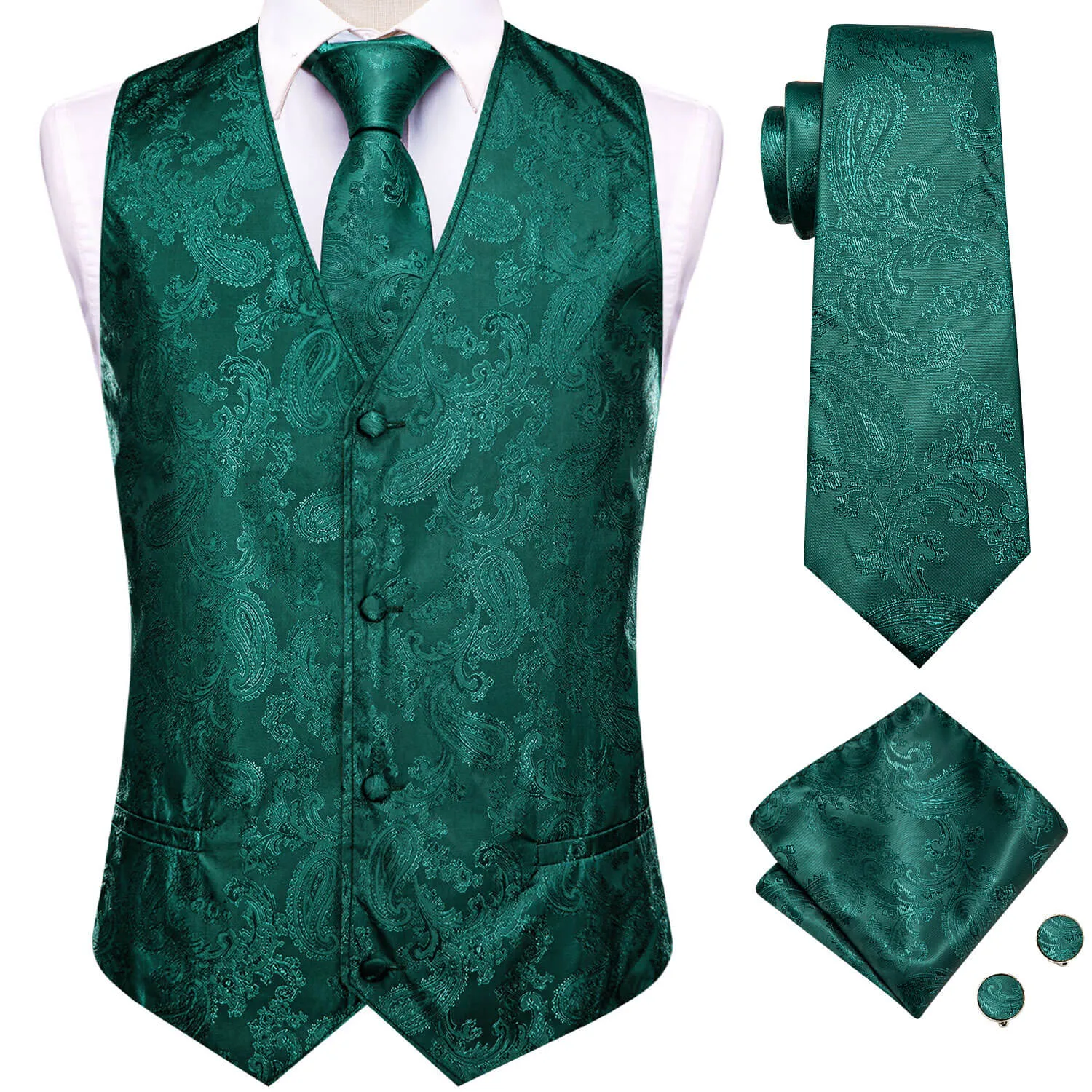 Ties2you Men's Vest Dark Cyan Jacquard Paisley Silk Vest Tie Set