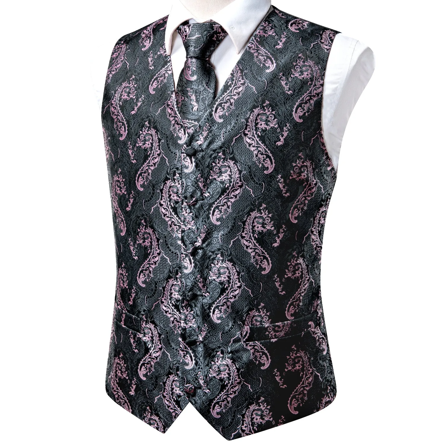 Ties2you Mens Vest Formal Pink silver Floral Men's Vest Tie Hanky Cufflinks Set Waistcoat Suit Set for men