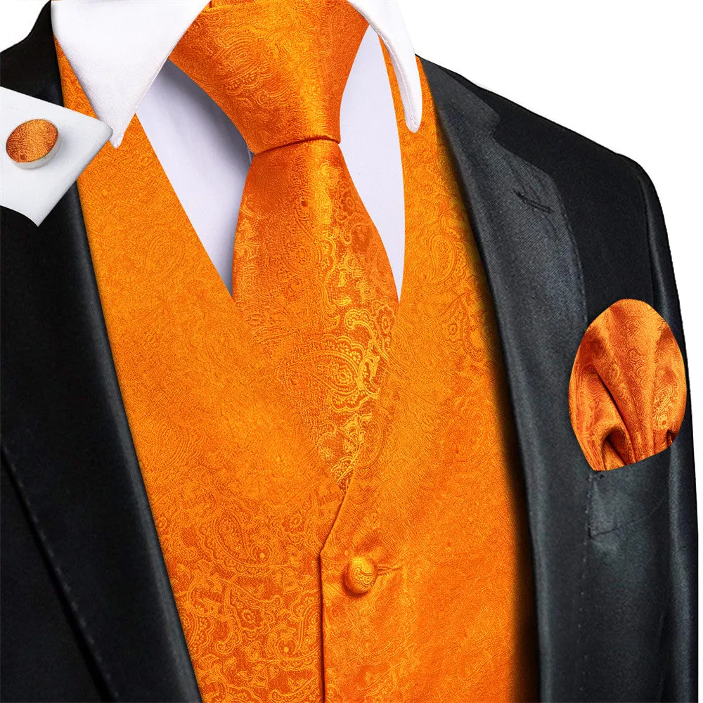 Ties2you Pure Orange Floral Pattern V-Neck Silk Vest Necktie Set