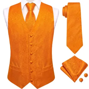 Ties2you Pure Orange Floral Pattern V-Neck Silk Vest Necktie Set