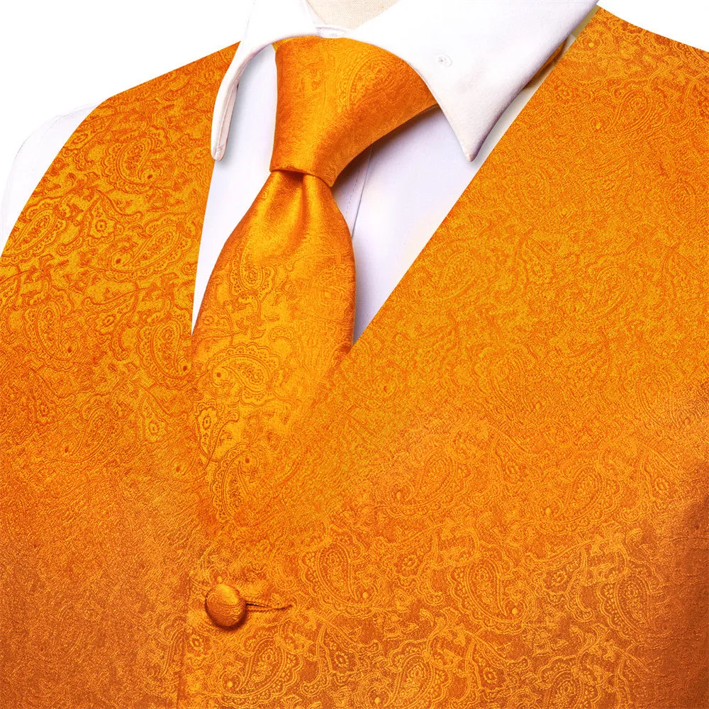 Ties2you Pure Orange Floral Pattern V-Neck Silk Vest Necktie Set