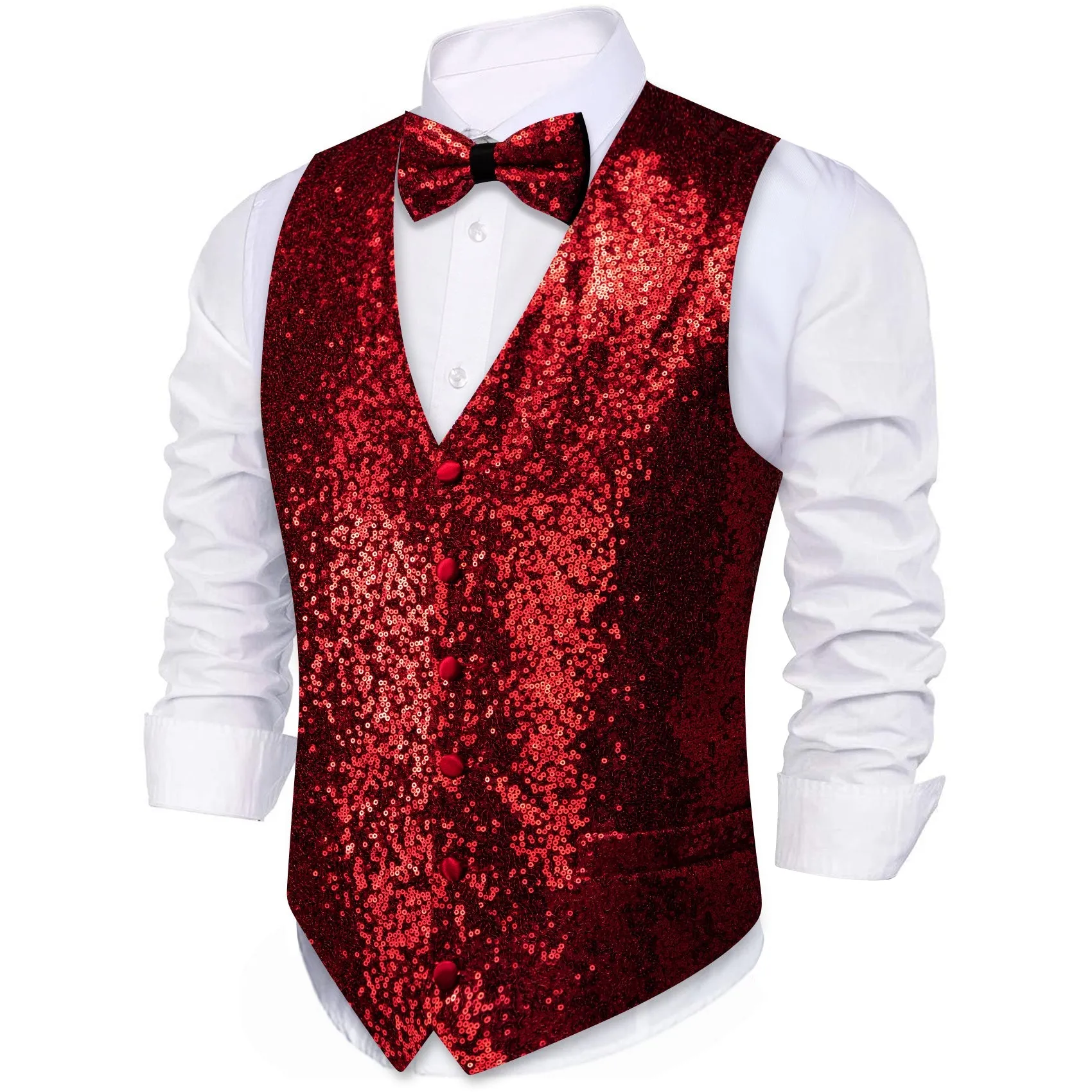 Ties2you Wedding Fire Red Sequins Silk Men's Vest And Bow Tie Set