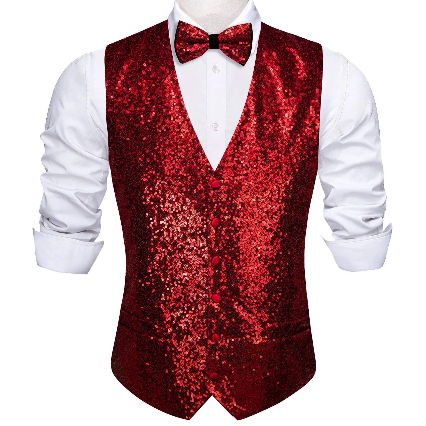 Ties2you Wedding Fire Red Sequins Silk Men's Vest And Bow Tie Set