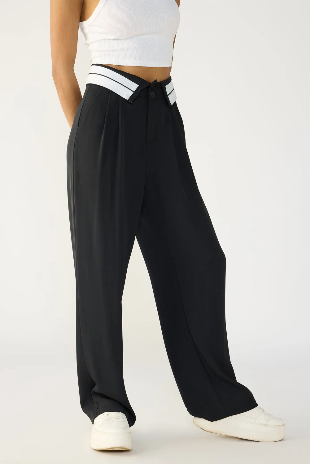 Turnover Waistband Black Korean Pants