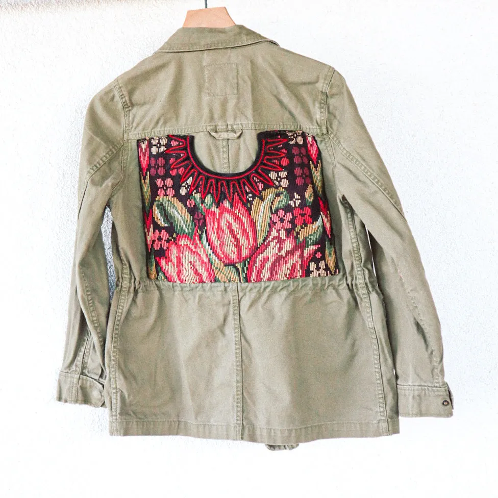 Upcycled Army Green Jacket with Vintage Guatemalan Textile