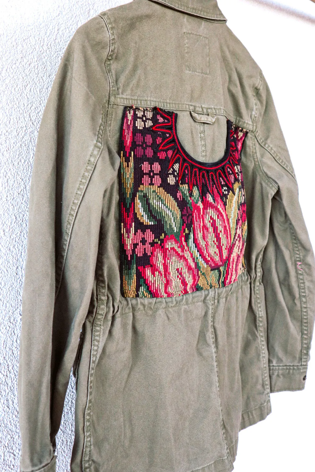 Upcycled Army Green Jacket with Vintage Guatemalan Textile