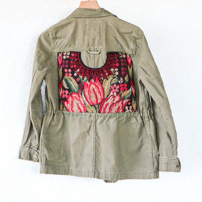 Upcycled Army Green Jacket with Vintage Guatemalan Textile