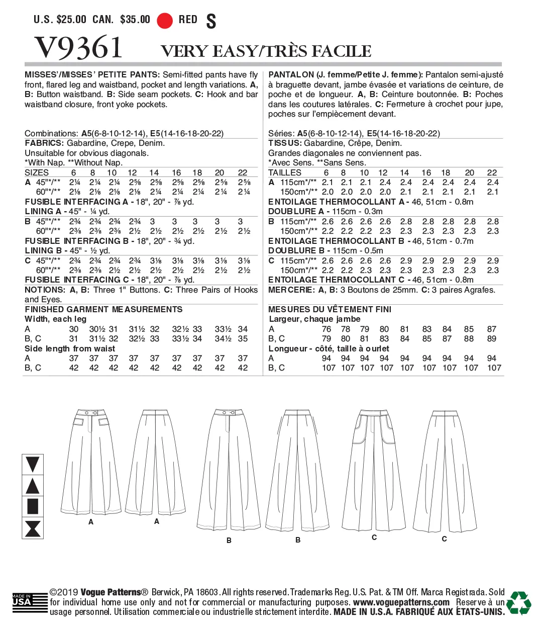 V9361 Misses'/Misses' Petite Pants