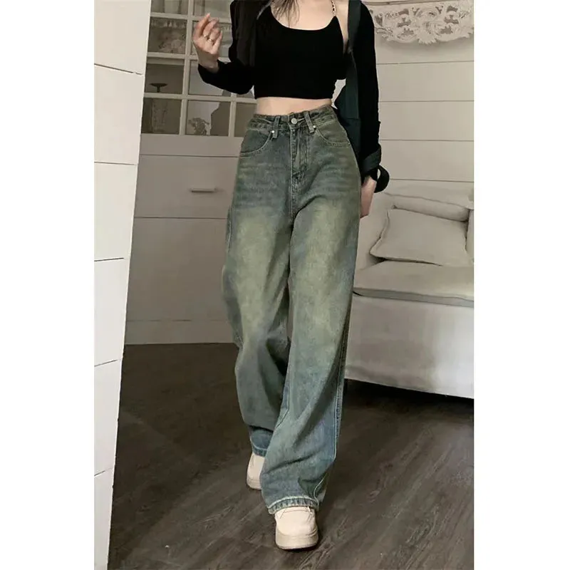 VAIGE Vintage Baggy Straight Denim Trousers High Waist Loose Wide Leg Jeans All-Match Casual Pants in Blue, Available in S/M/L/XL/XXL