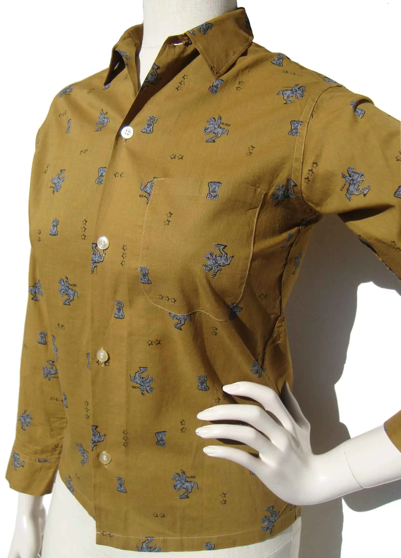 Vintage 50s Ladies Shirt Colonial Print Camel Cotton S - Penney's