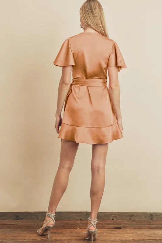 Vintage Apricot Flutter Sleeve Mini Wrap Dress