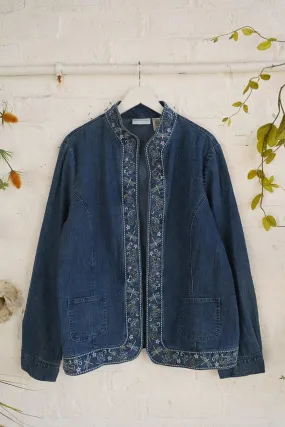 Vintage Denim Jacket - Open Style Indigo Dragonfly Floral - Free Size