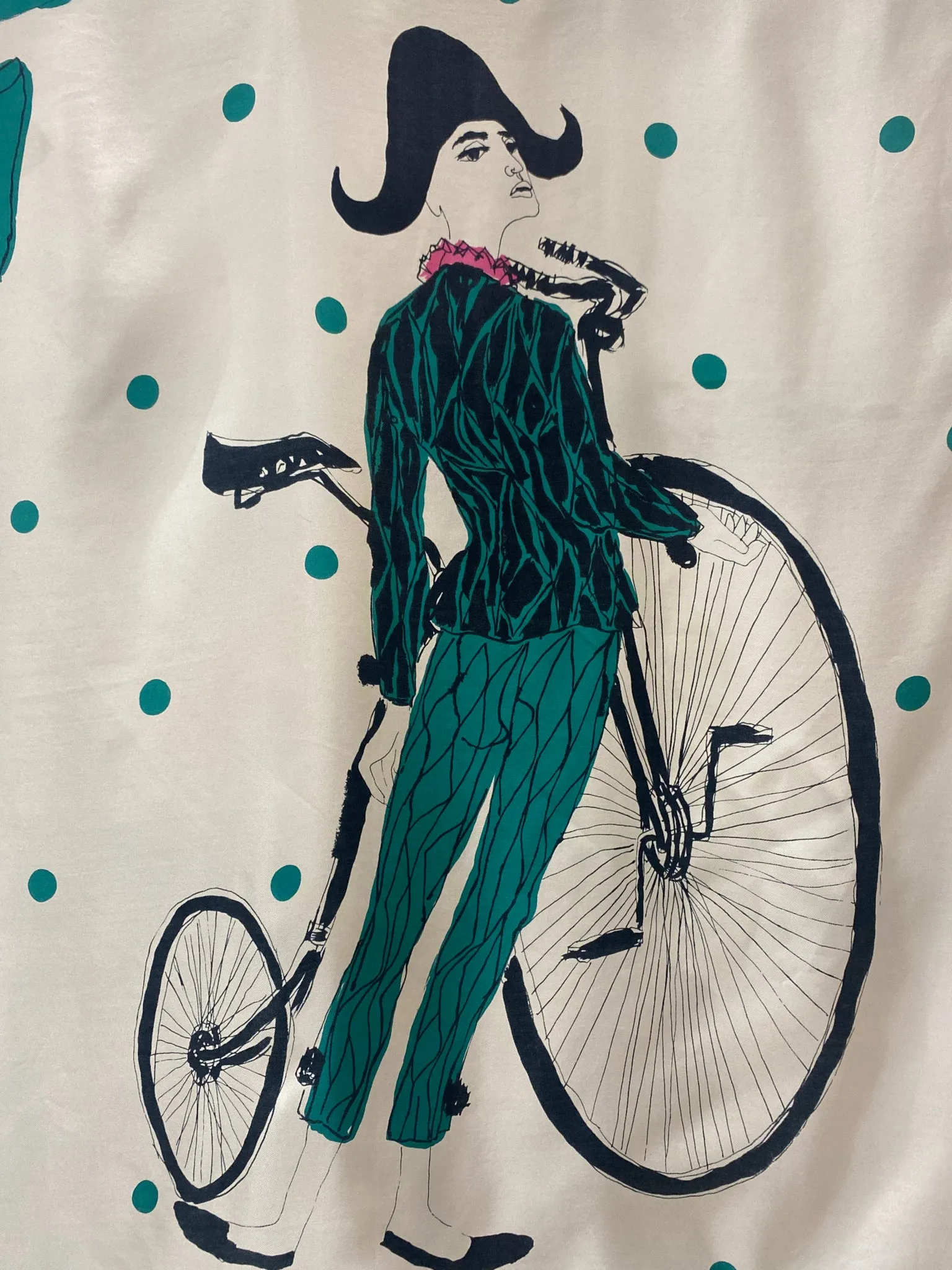 Vintage Teal Blue White Man on Bike Silk Scarf