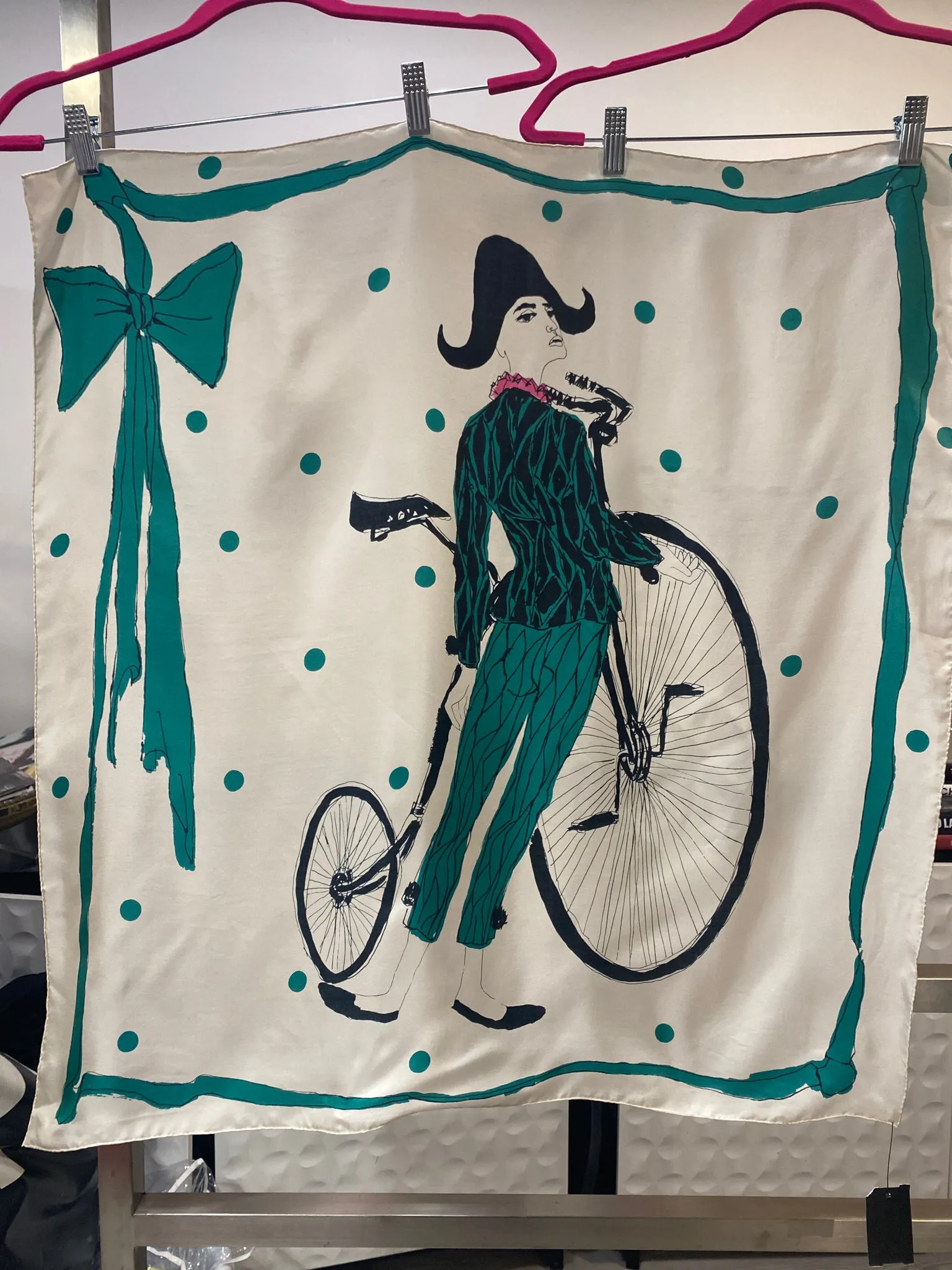 Vintage Teal Blue White Man on Bike Silk Scarf