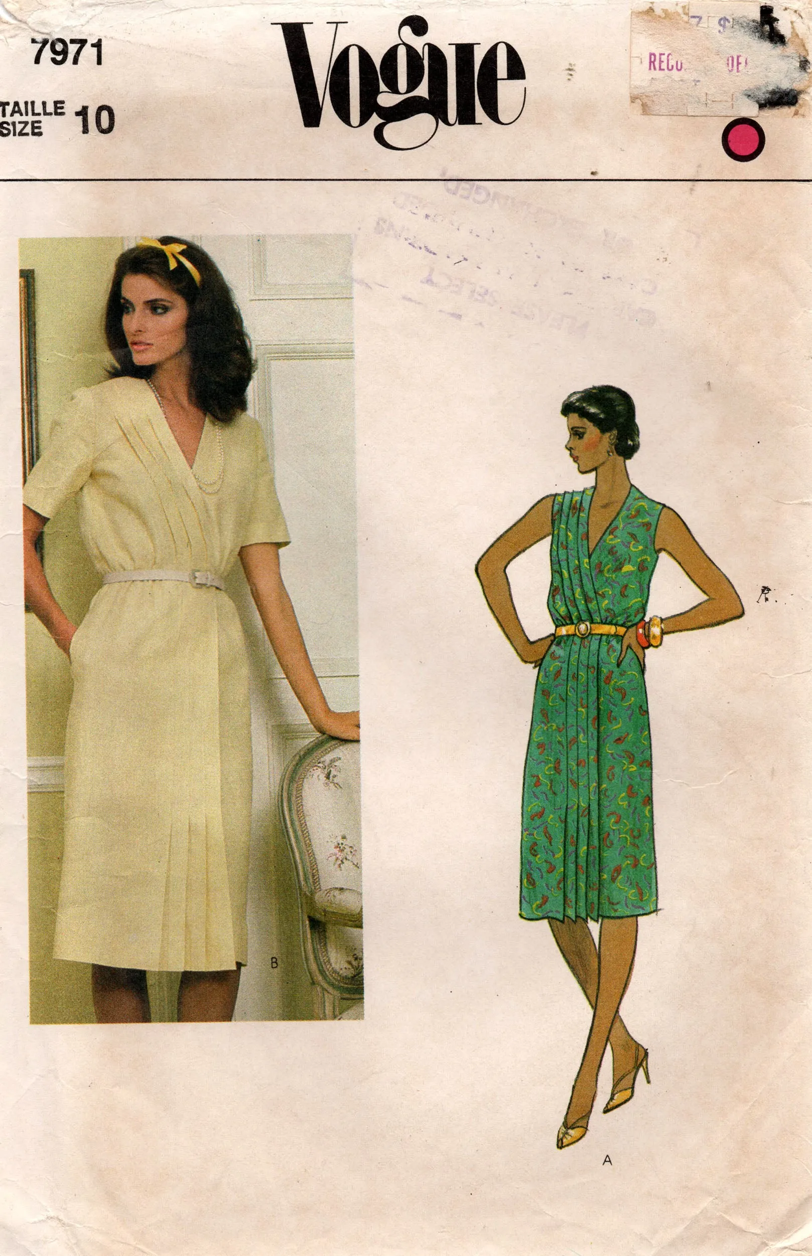 Vogue 7971 Womens Side Tucked Wrap Dress 1980s Vintage Sewing Pattern Size 10 Bust 32.5 inches