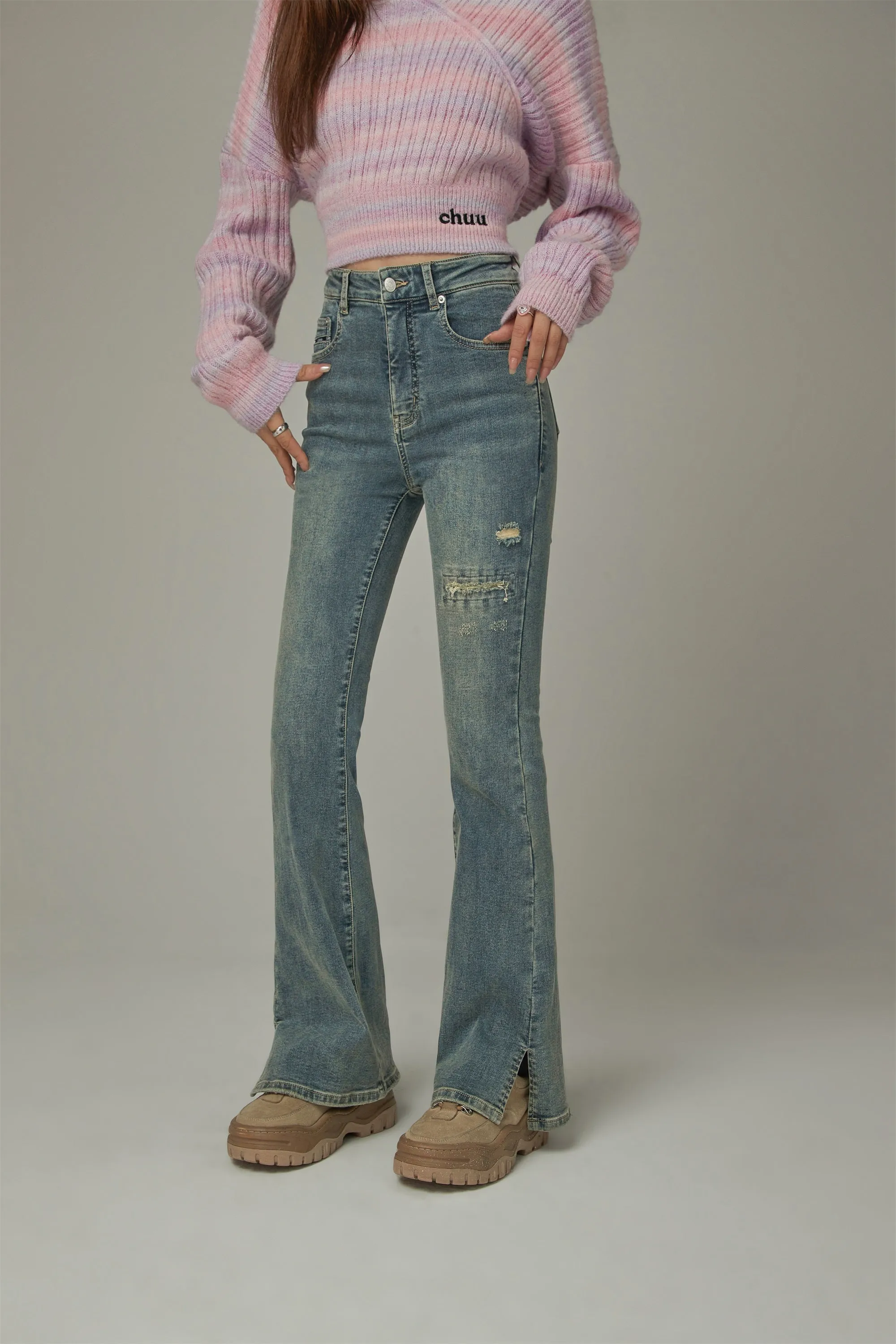 Washed Ripped Bootcut Denim Jeans