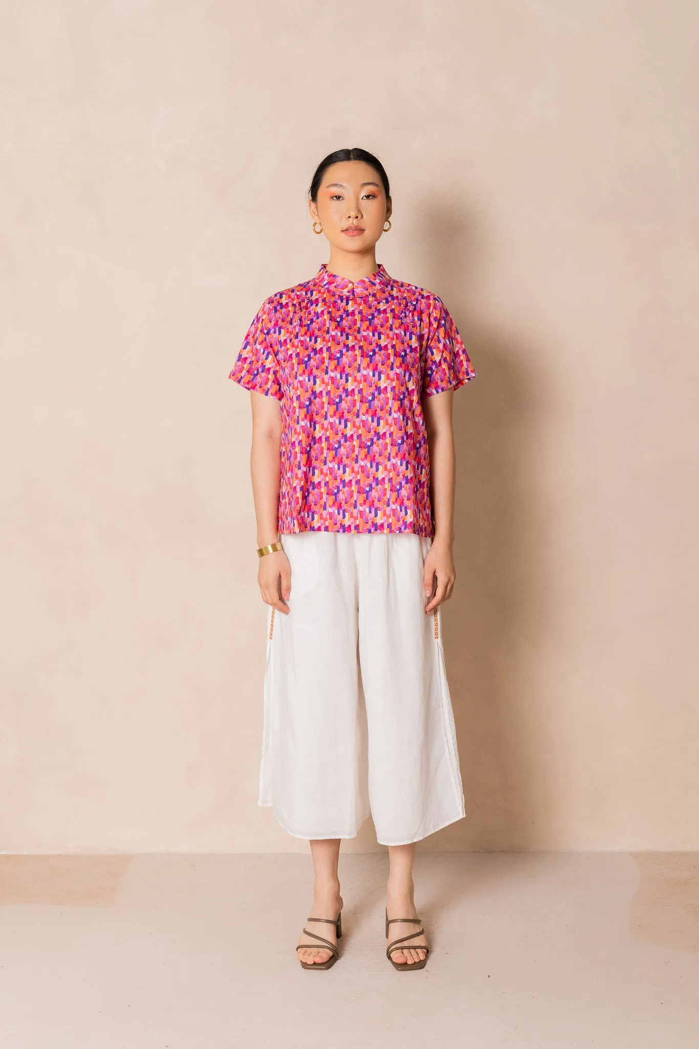 Water Colour Raindrop Print Short Sleeve Cheongsam Top