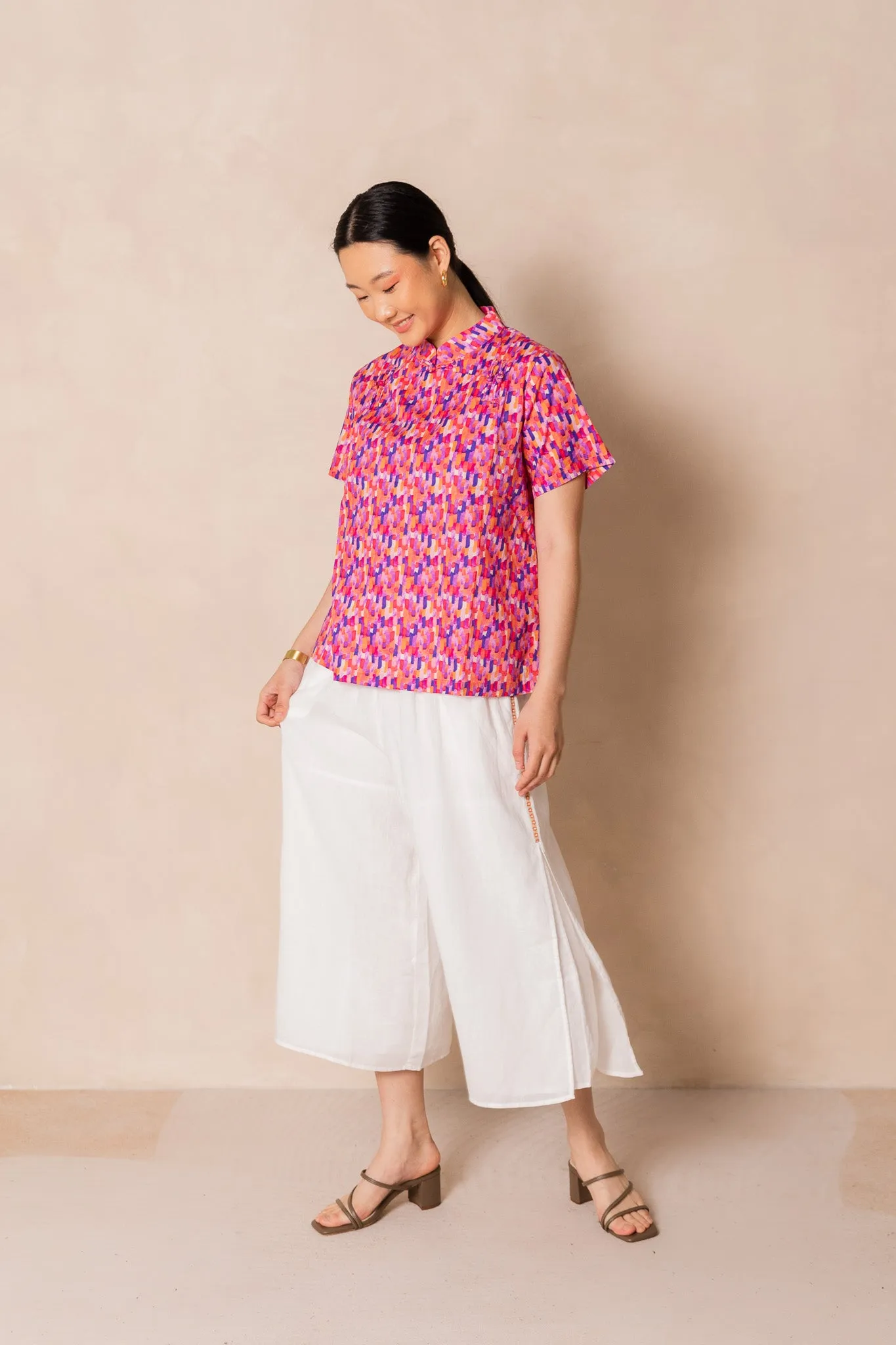 Water Colour Raindrop Print Short Sleeve Cheongsam Top