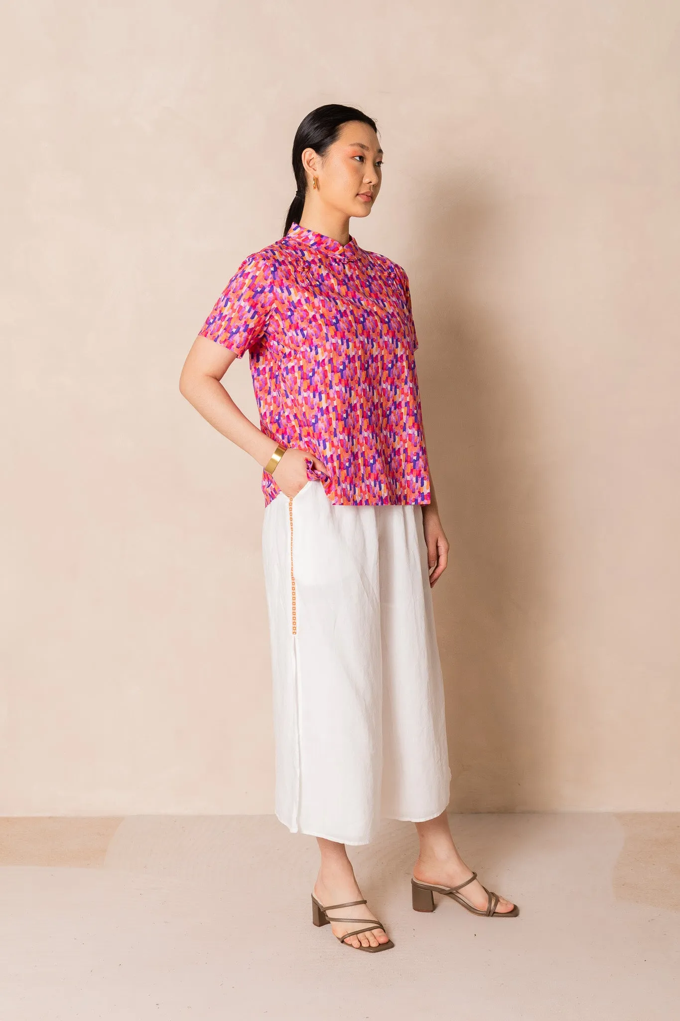 Water Colour Raindrop Print Short Sleeve Cheongsam Top