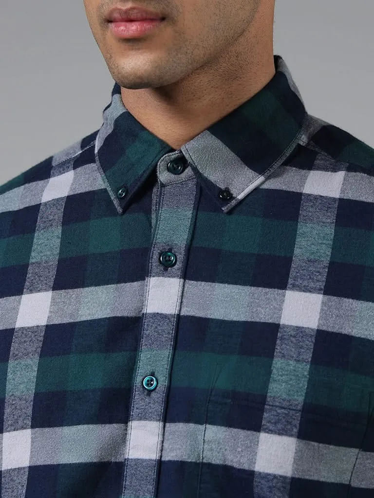 WES Casuals Green Checked Cotton Relaxed-Fit Shirt