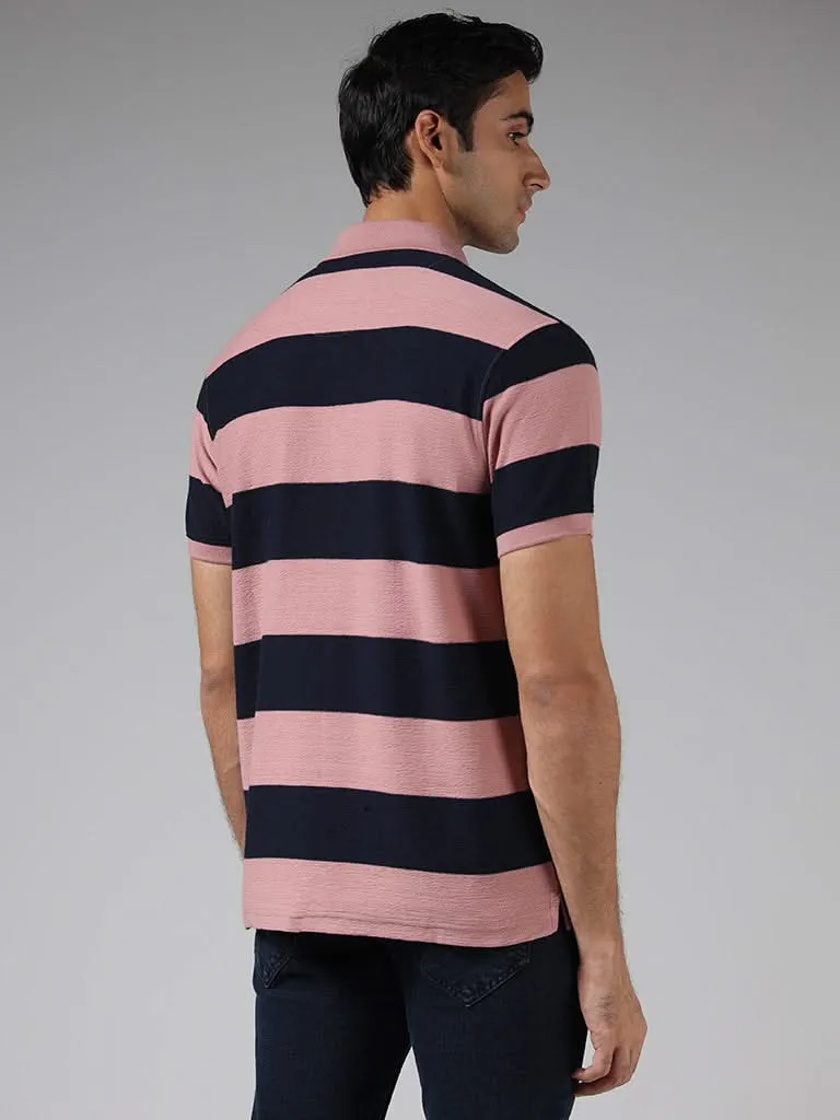 WES Casuals Pink Striped Cotton Blend Slim-Fit Polo T-Shirt