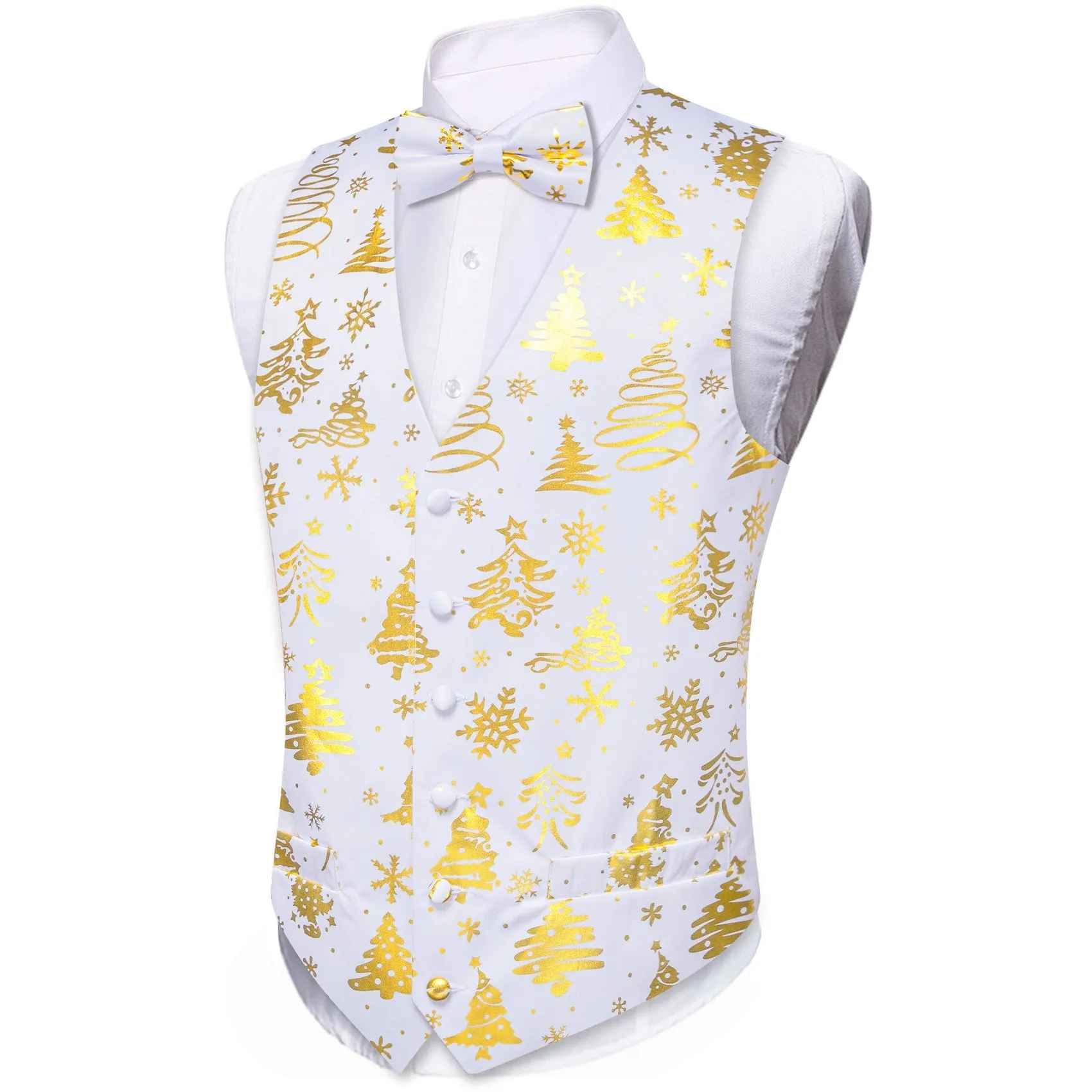 White Golden Christmas Tree Novelty Silk Men's Vest Bow Tie Set Waistcoat Suit Set