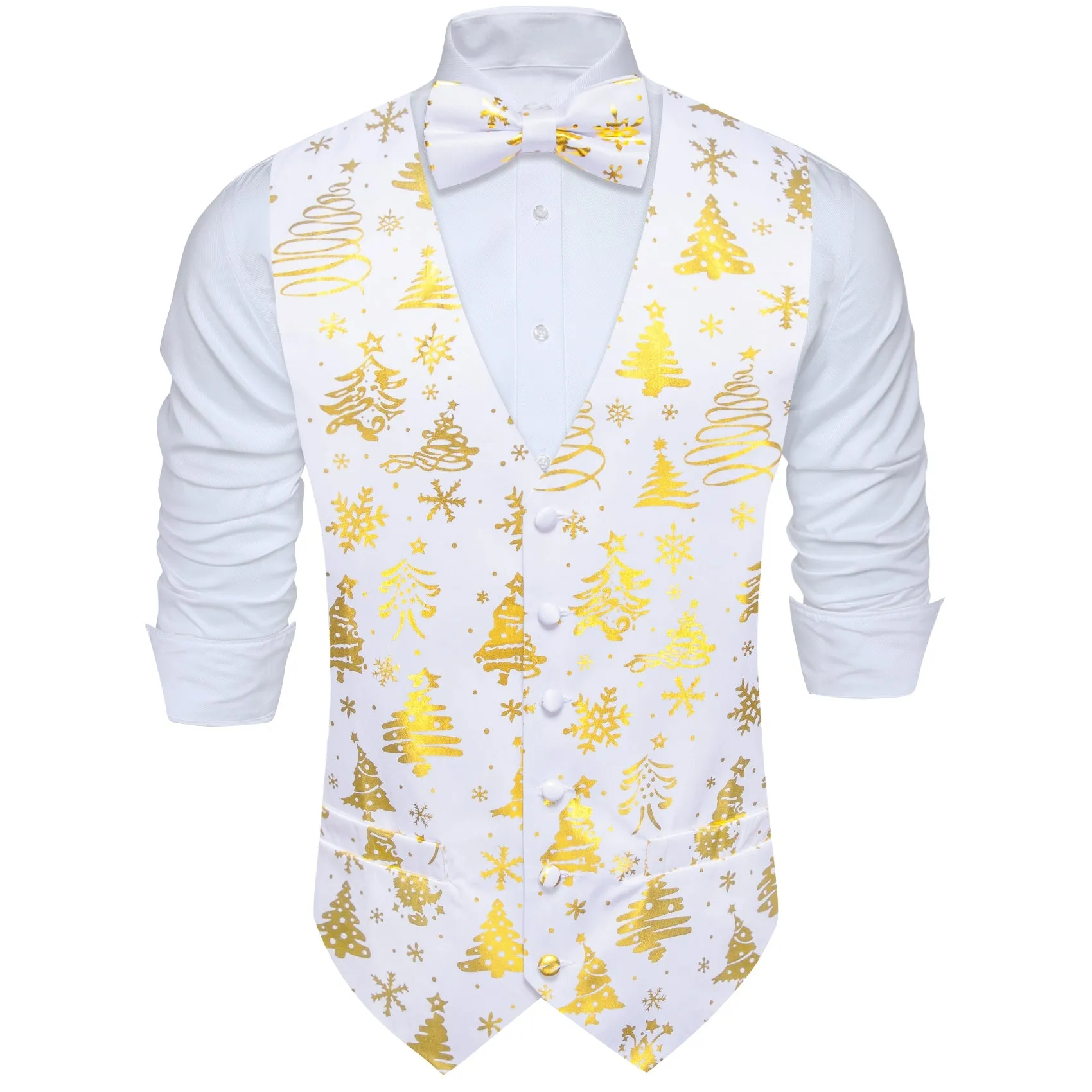 White Golden Christmas Tree Novelty Silk Men's Vest Bow Tie Set Waistcoat Suit Set