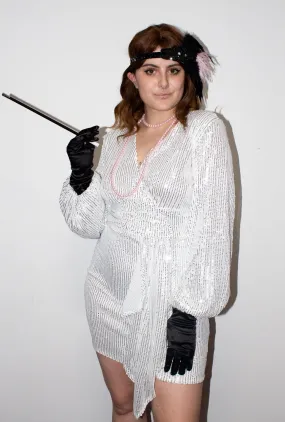 White Sequin Long Sleeve Wrap Dress