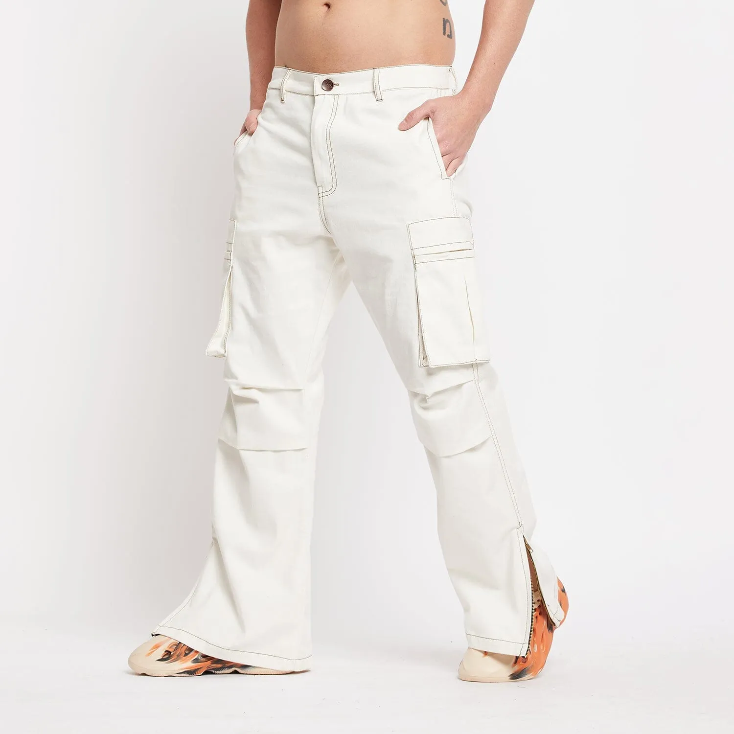 White Twill Flared Cargo Pants