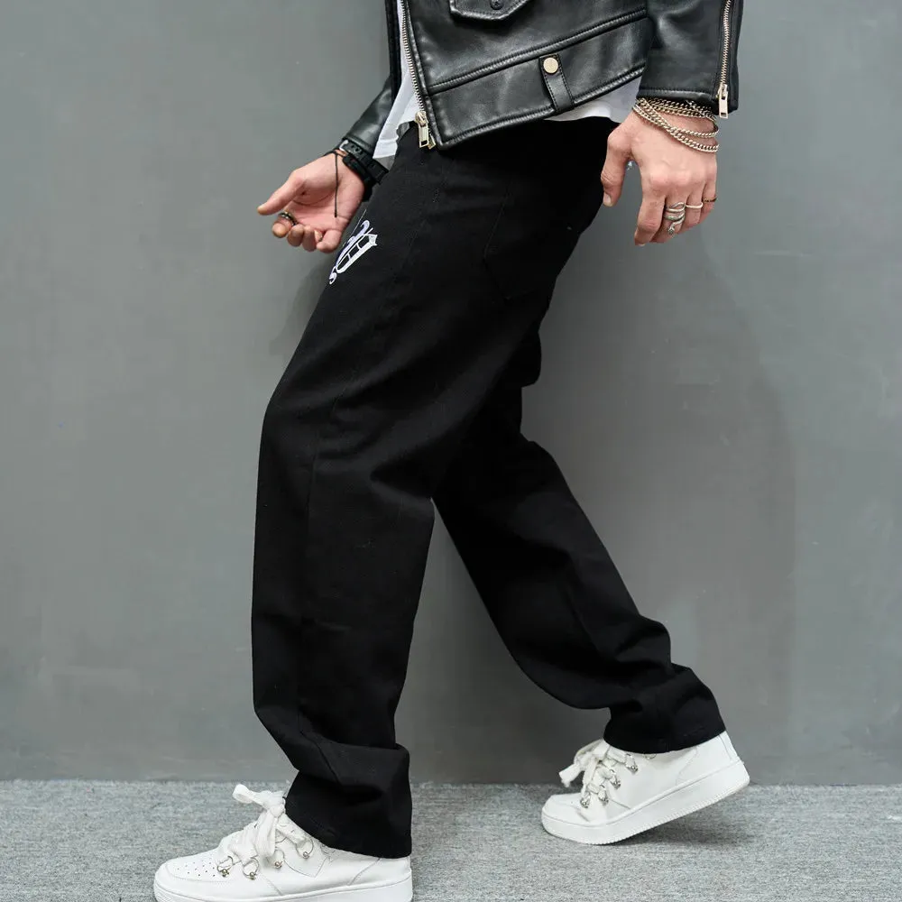 WIAOFELLAS High street Hip Hop Men Stylish Embroidery Loose Jeans Trousers For Men's Hip Hop Male Motorcycle Straight Denim Pants