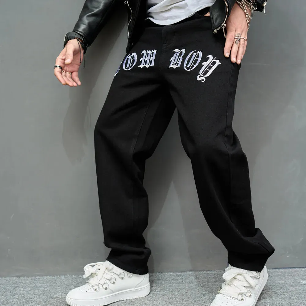 WIAOFELLAS High street Hip Hop Men Stylish Embroidery Loose Jeans Trousers For Men's Hip Hop Male Motorcycle Straight Denim Pants