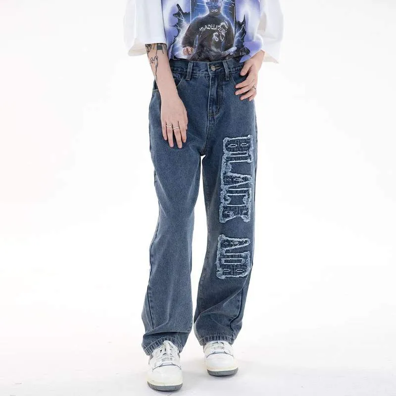 WLS Solid Color Embroidered Letter Digital Jeans