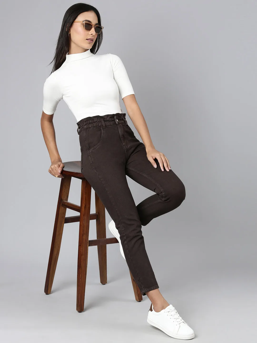 Women Coffee Brown Solid Mom Fit Denim Jeans