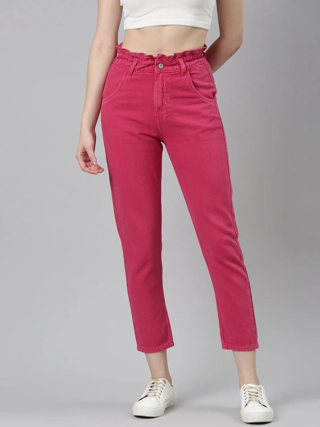 Women Fuchsia Solid Regular Fit Denim Jeans