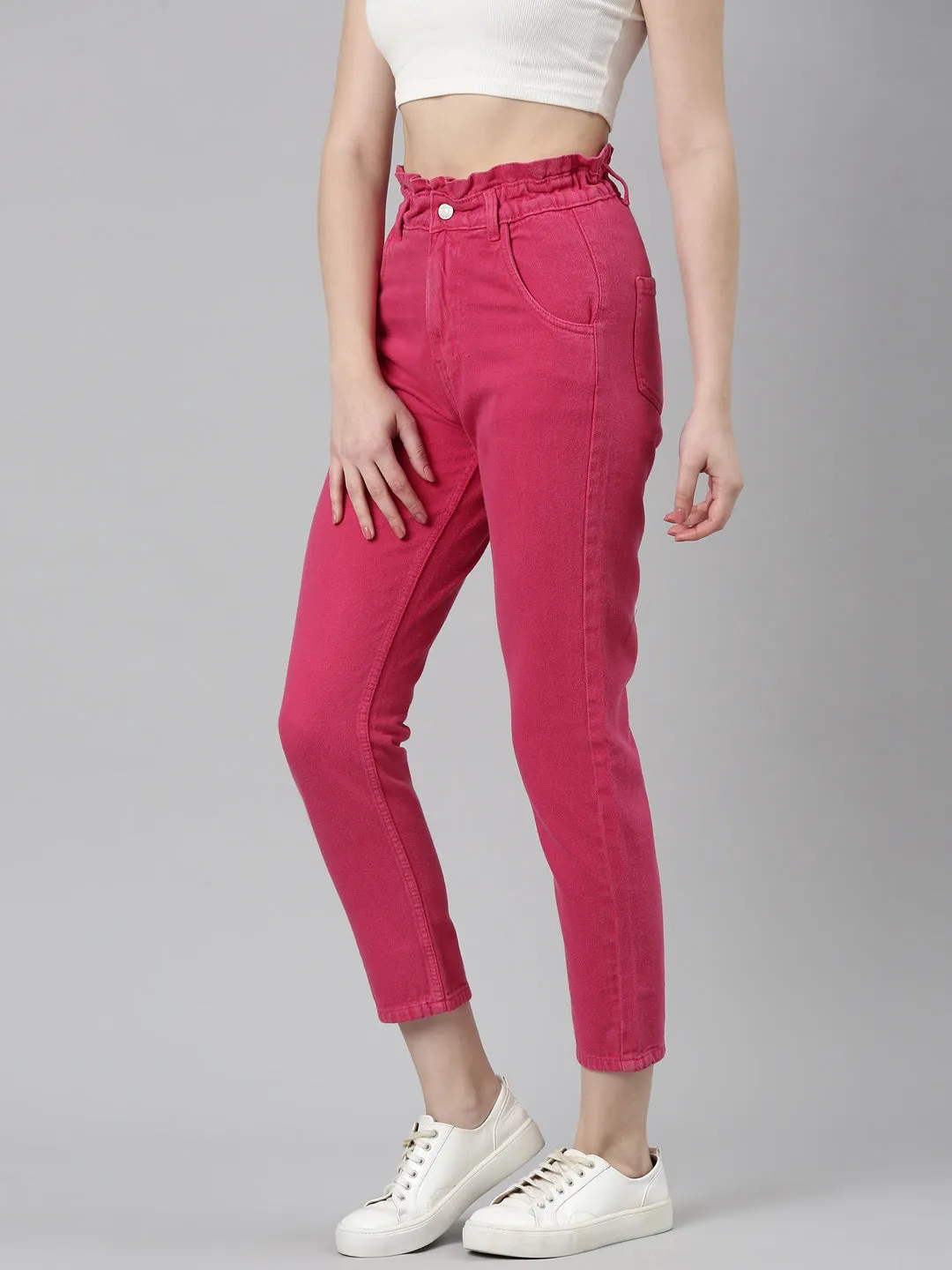 Women Fuchsia Solid Regular Fit Denim Jeans