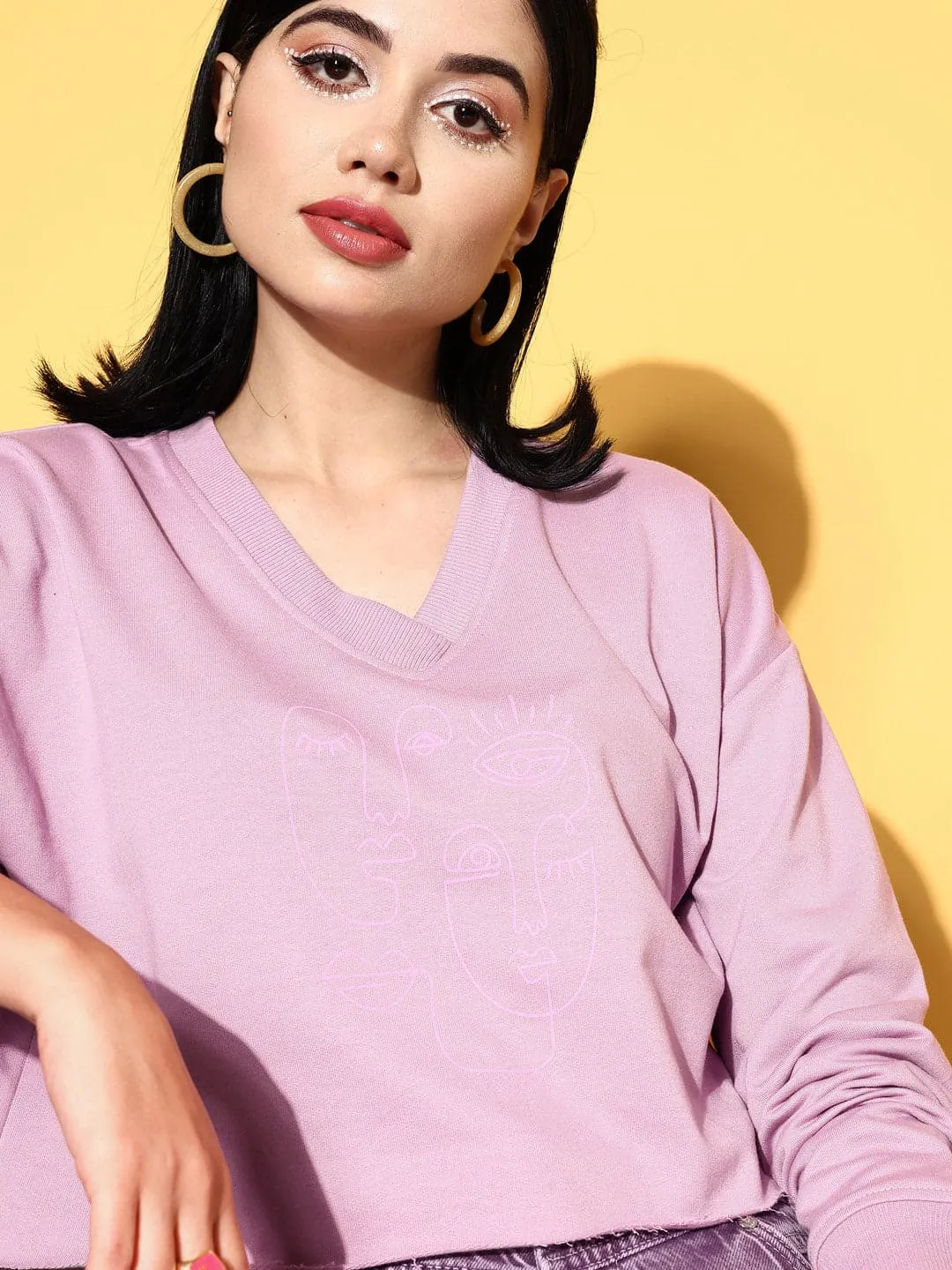 Women Lilac Line Art Crop Terry Sweat Shirt