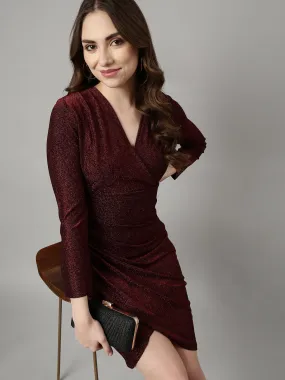 Women Maroon Solid Wrap Dress