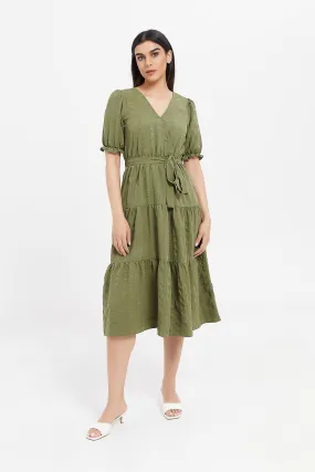 Women Olive Textured Wrap Dress