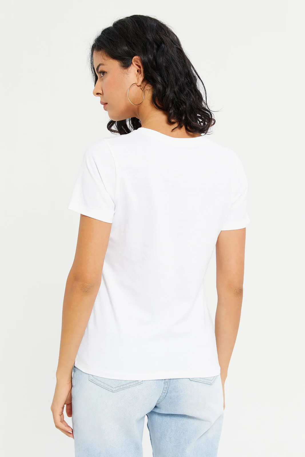 Women White Romantic Embossed T-Shirt