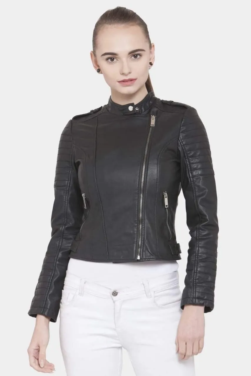 Women’s Black Leather Biker Jacket Slim Fit