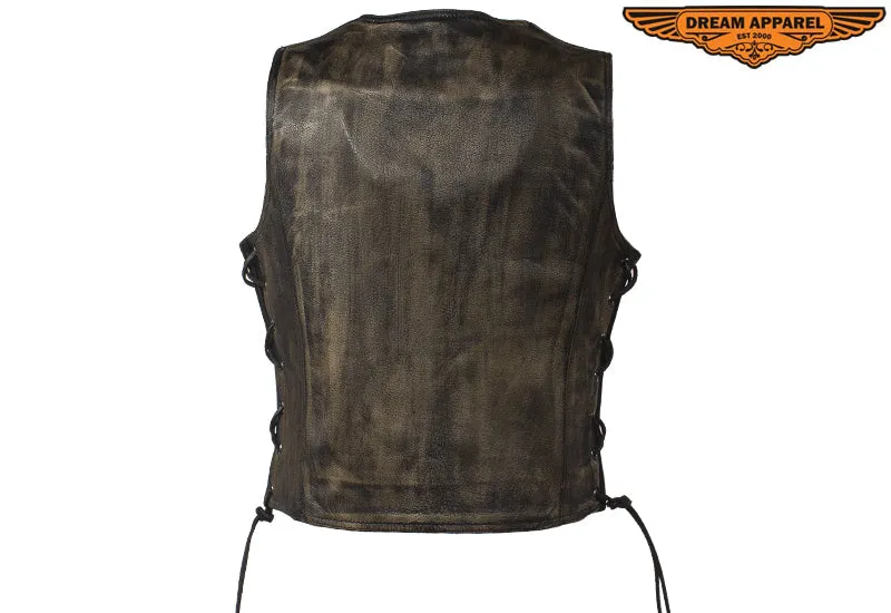 Womens Distressed Brown Naked Cowhide Leather Vest