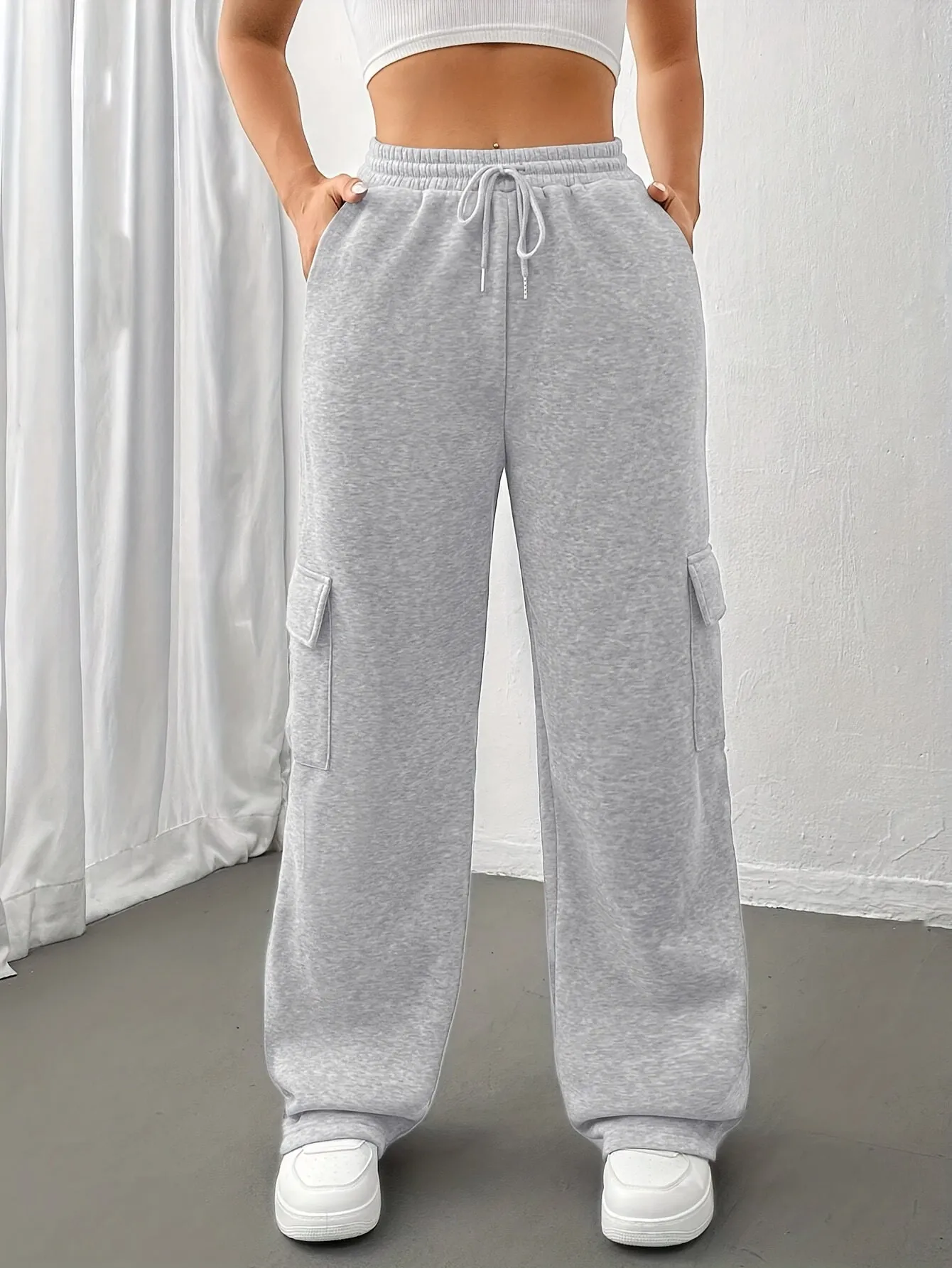 Women's Flap Pockets Straight Leg Sweatpants, Casual Slant Pockets Drawstring Elastic Waist Pants