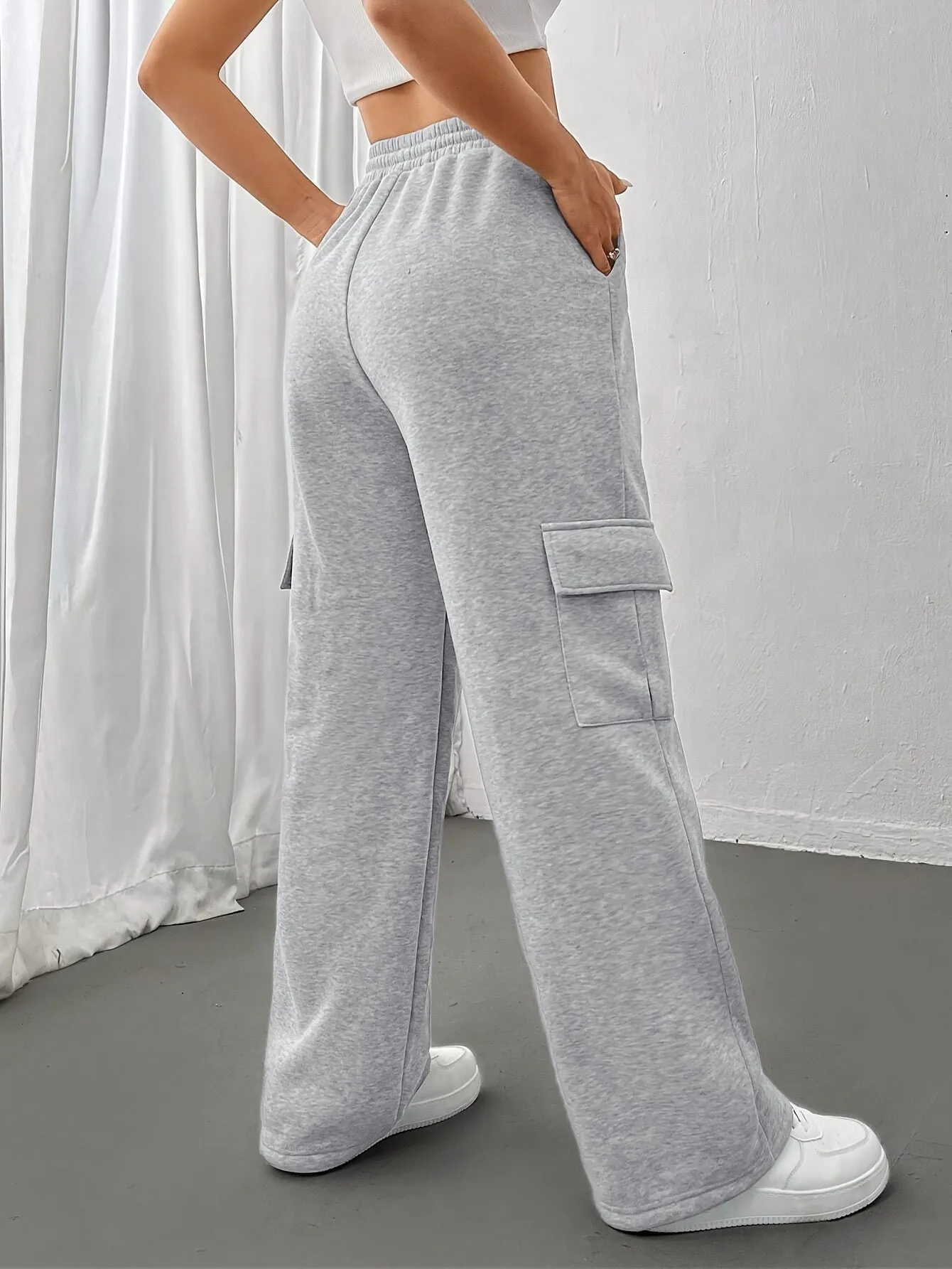 Women's Flap Pockets Straight Leg Sweatpants, Casual Slant Pockets Drawstring Elastic Waist Pants