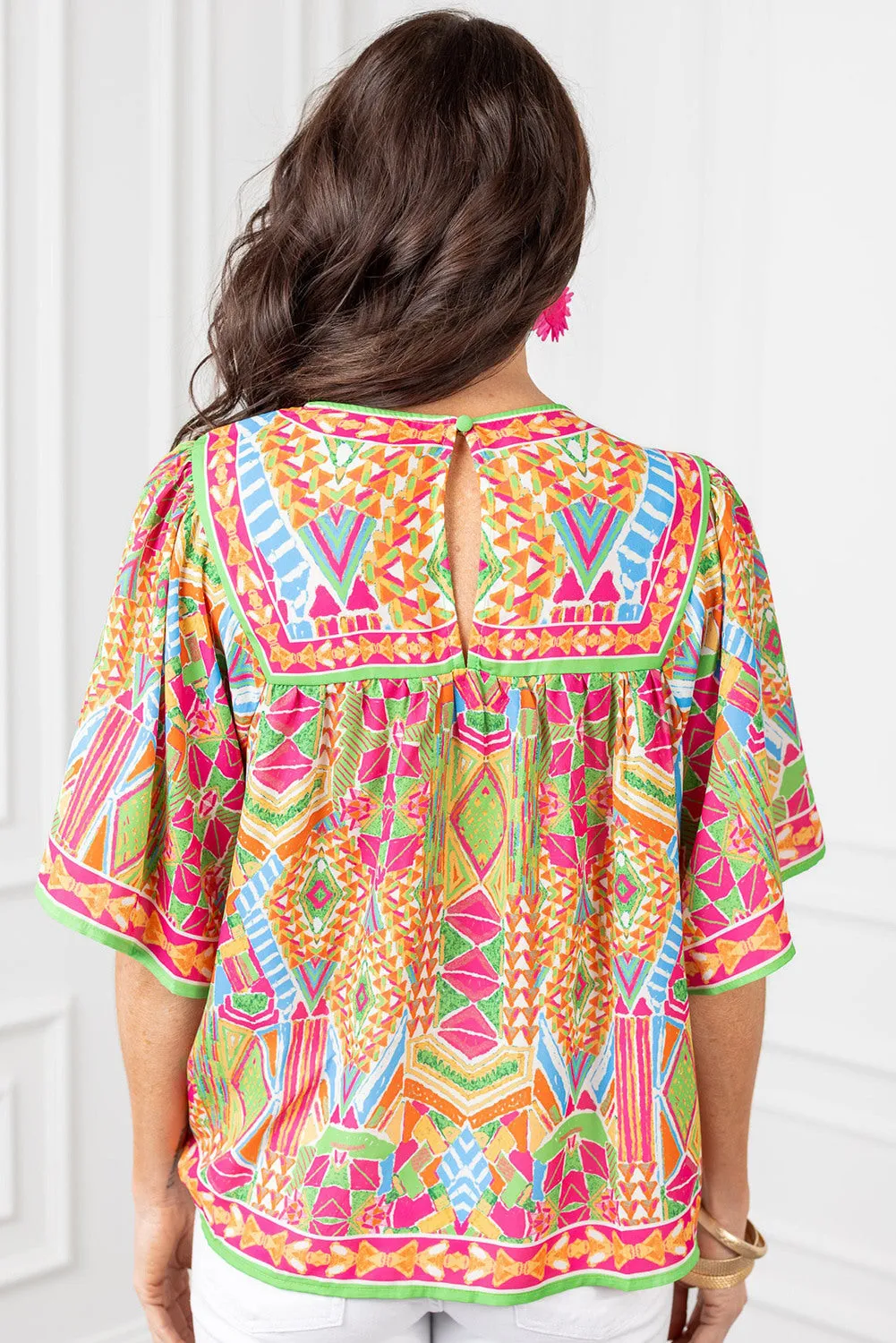 Women's Geometric Print Bell Sleeve O Neck Babydoll Blouse