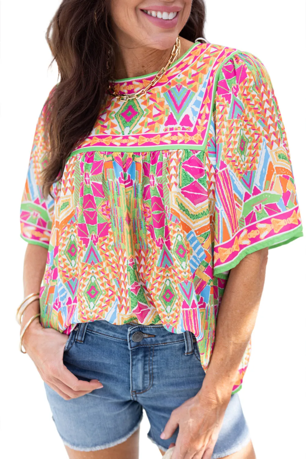 Women's Geometric Print Bell Sleeve O Neck Babydoll Blouse