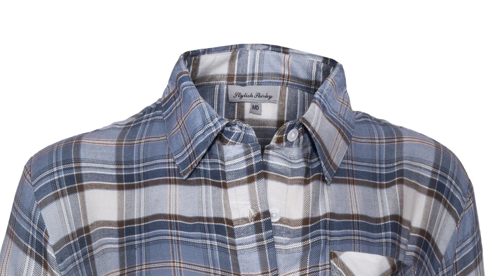 Women's  Long Sleeves, Button Down,  Rayon Plaid Shirt. Blue/White. Style# 1532