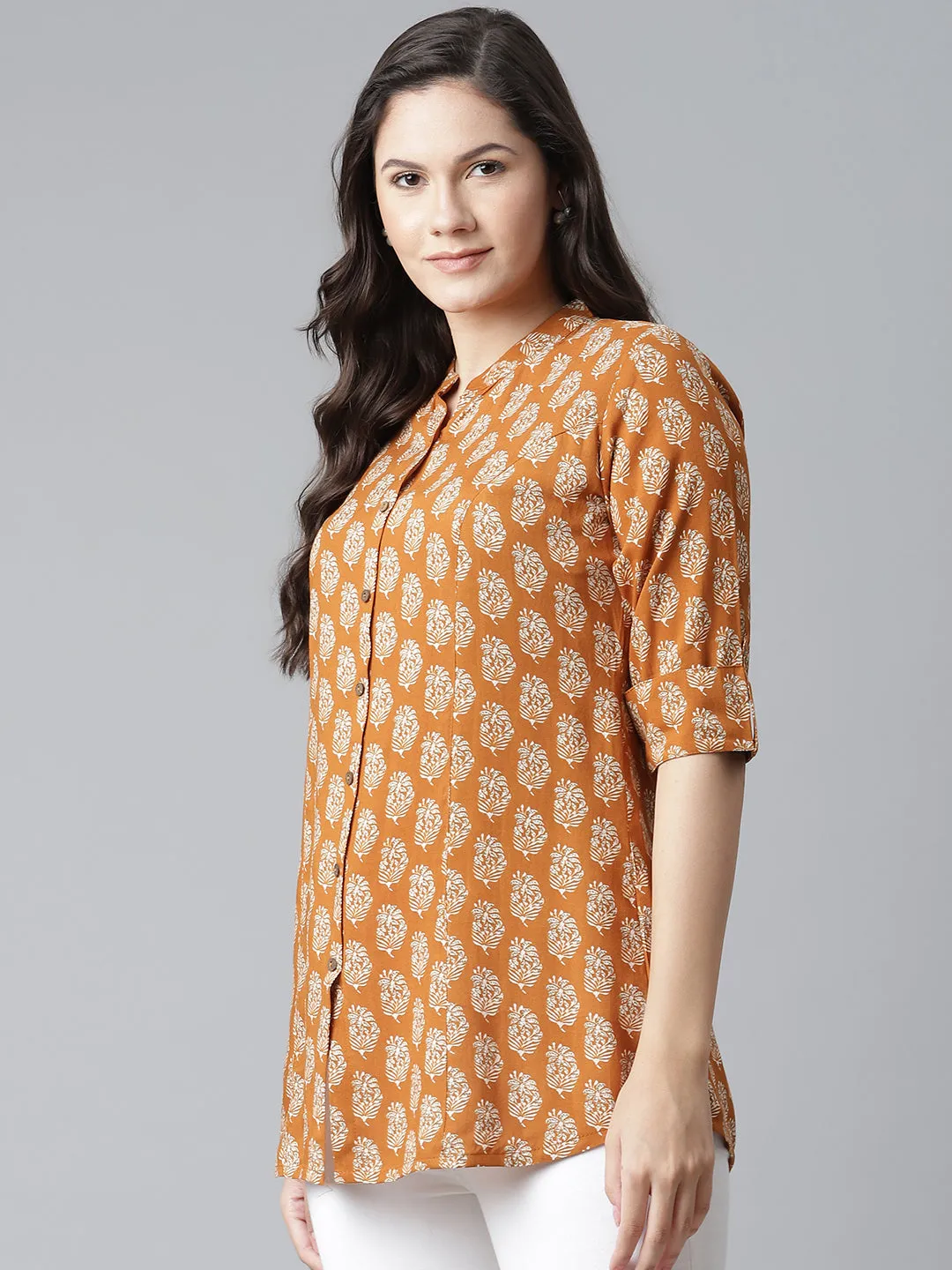 Women'S Mustard Rayon Printed Top